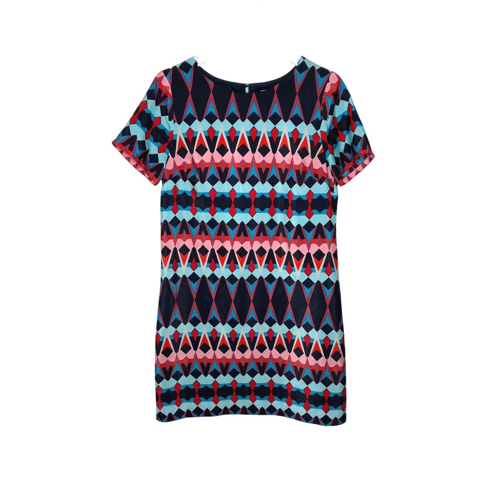 J. Crew Short Sleeve Shift Dress Geometric Print Red Blue Women's Size 4